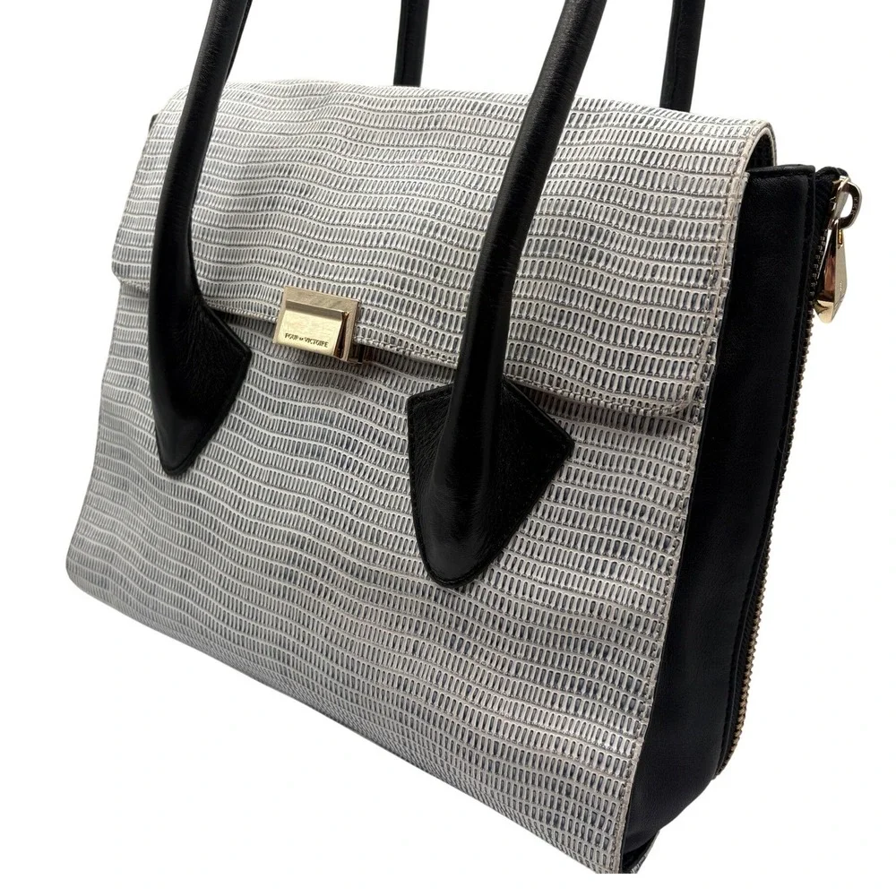 Pour La Victoire Expandable Satchel Bag Black Grey Excellent Textured‎ Leather